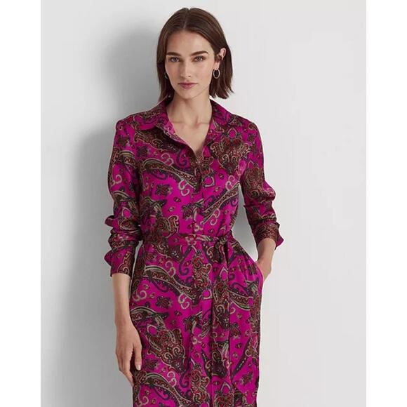 Ralph Lauren pink paisley print satin midi dress size 16 - Picture 3 of 9